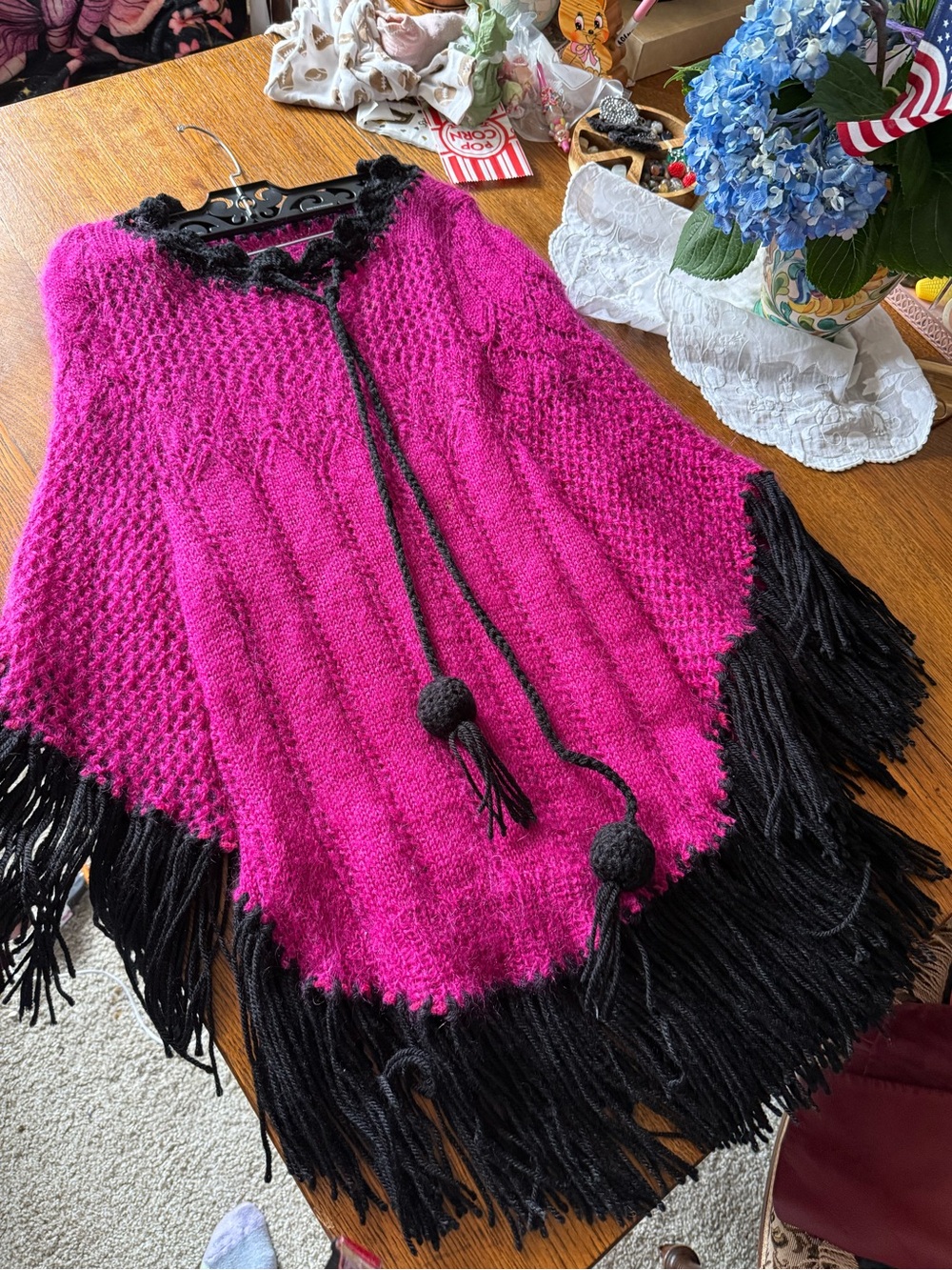 Women's Fuchsia Knit Poncho with Black Fringe